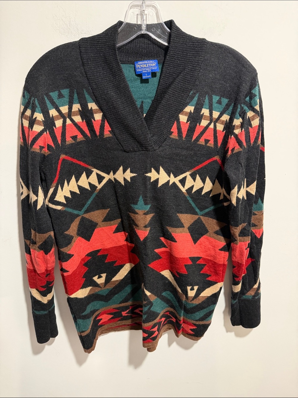 Pendleton Black V-Neck Sweater with Red, Green, Tan & Brown Aztec Motif